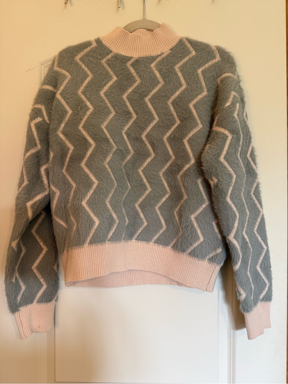 Cozy Chevron Mock Neck Sweater - baby bluish with cream
